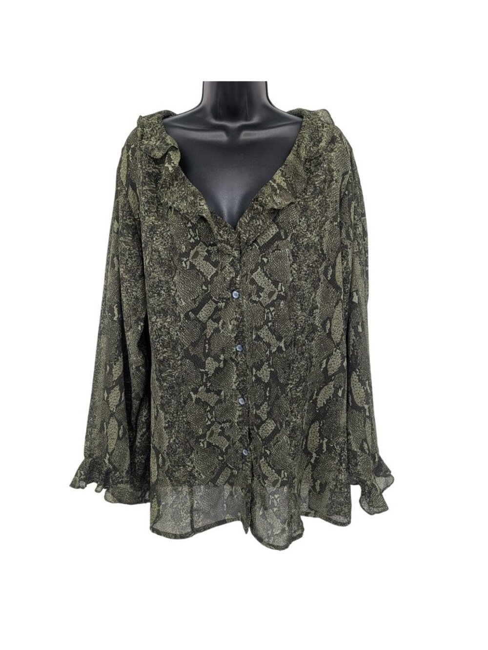 Avenue Snake Print Sheer Top Button Front Ruffle Boho Lightweight Indie Size 18
